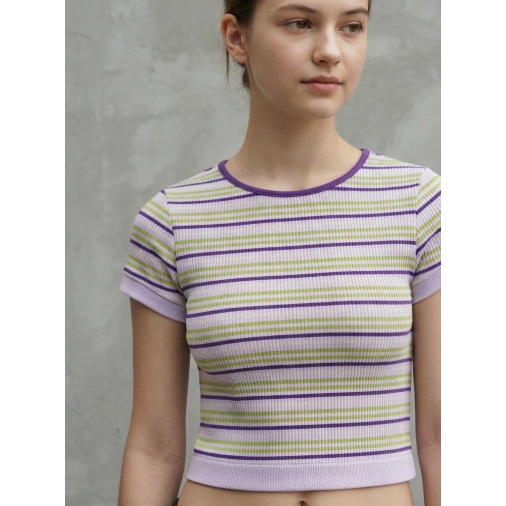 Out From Under Striped Ribbed Knit Cropped Baby Tee Purple Lime M/L